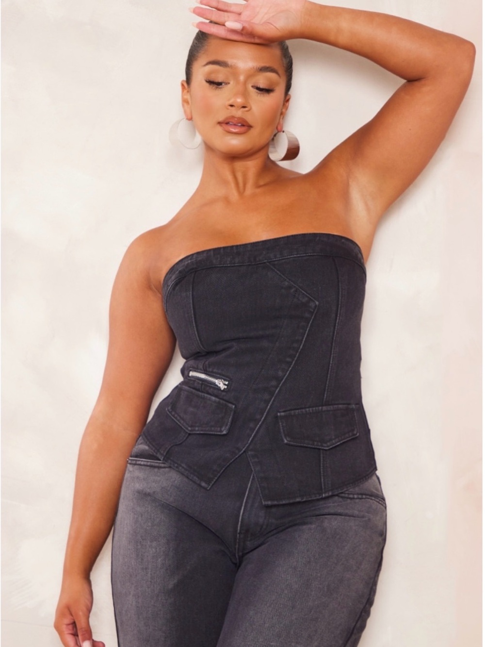 PrettyLittleThing Black Corset Crop Top with Zip Pocket